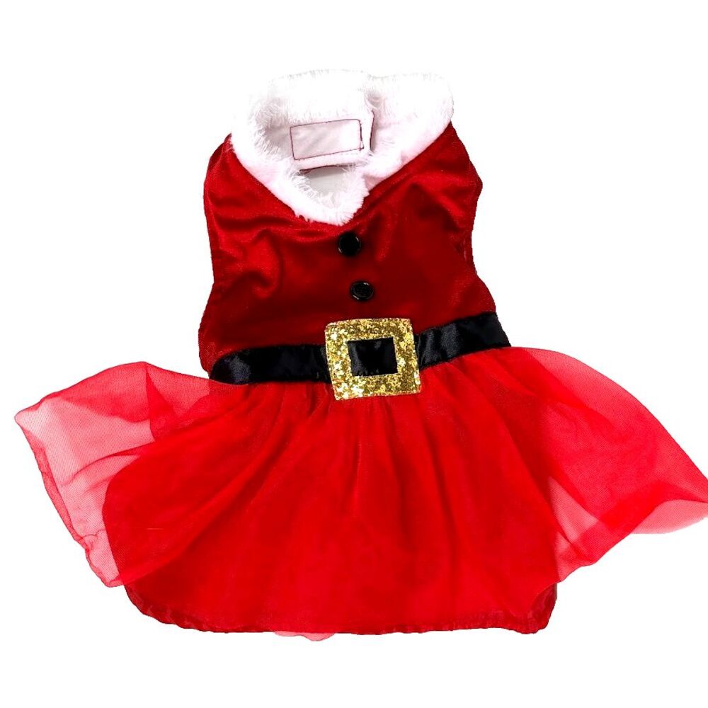 PUP CREW Design Christmas Red Velvet Dog Dress with Fur Trim Size M